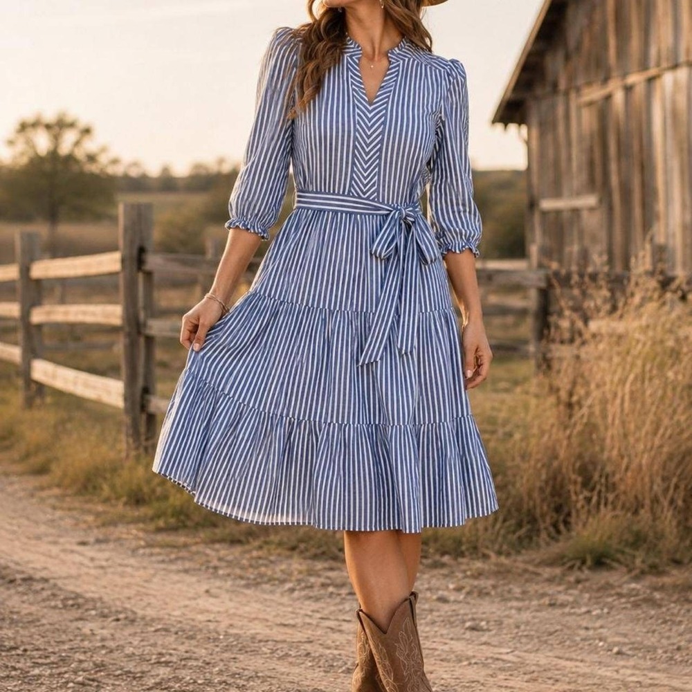 Monteau Womens Dress Tiered Midi Blue White Stripe Rayon Large - Picture 2 of 10